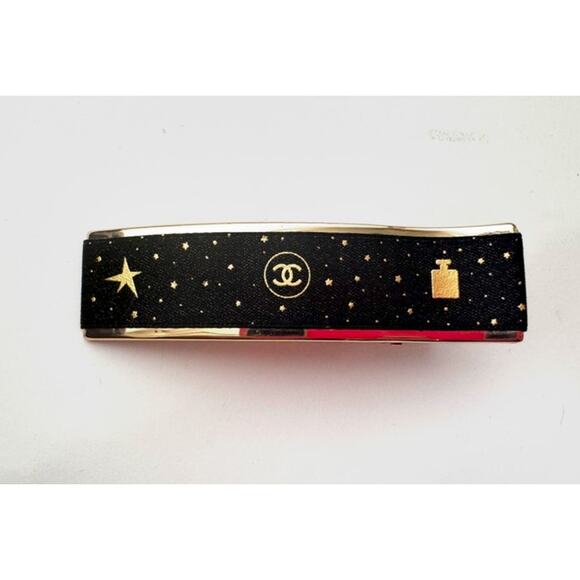 Women\'s Chanel Black & Gold Logo Star Print Hair Barrette Clip
